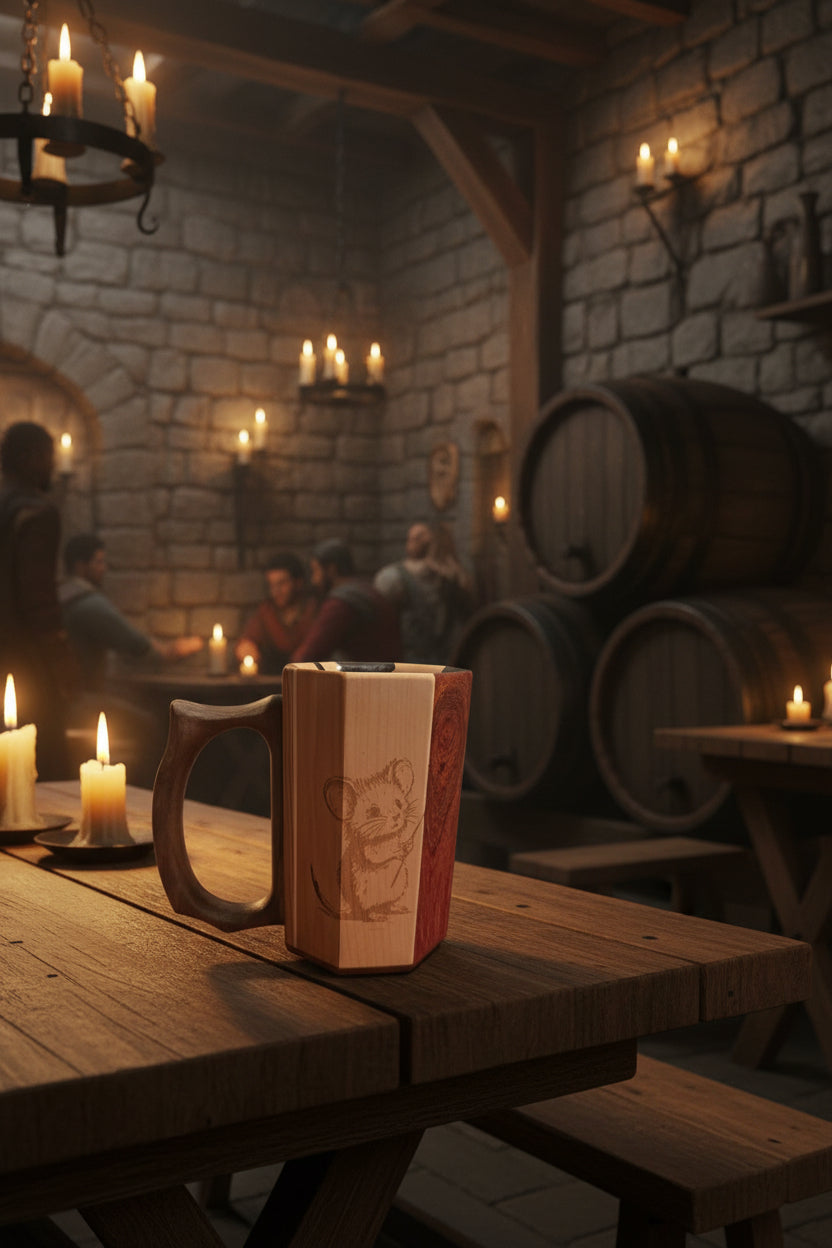 Standard wooden mug with engraved mouse design, front view