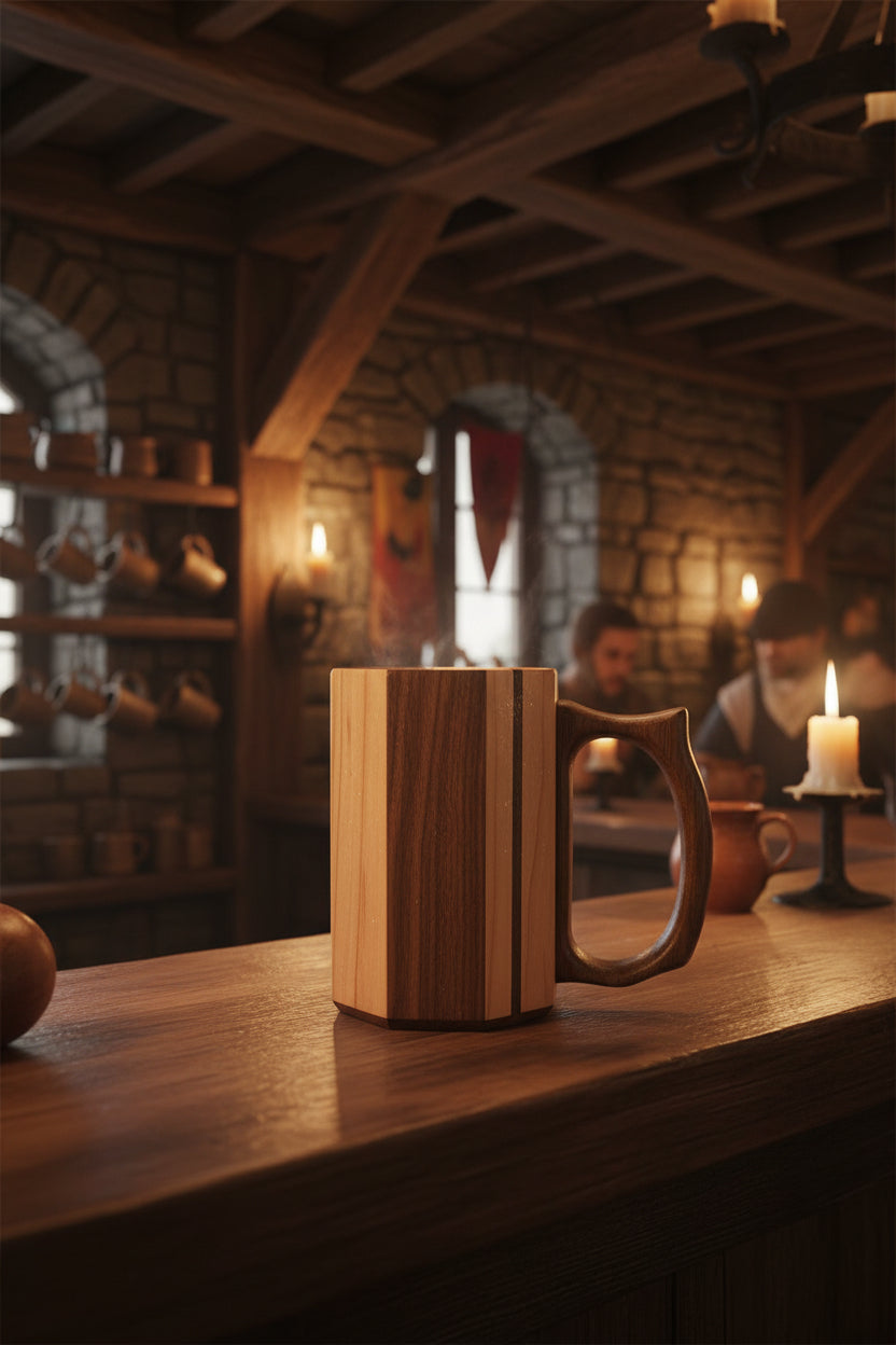 Standard wooden mug showing mixed hardwood panels, back view