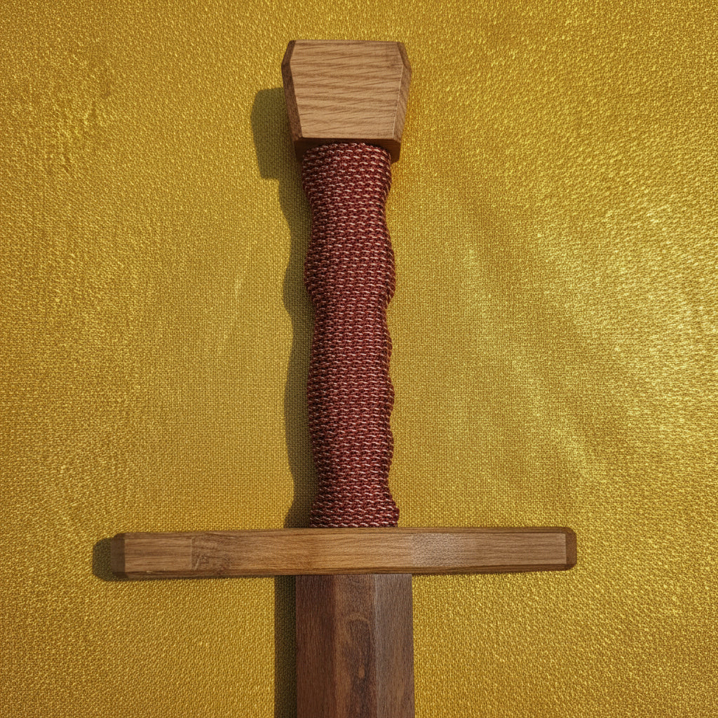 Walnut hardwood sword with red and gold wire-wrapped hilt and crossguard