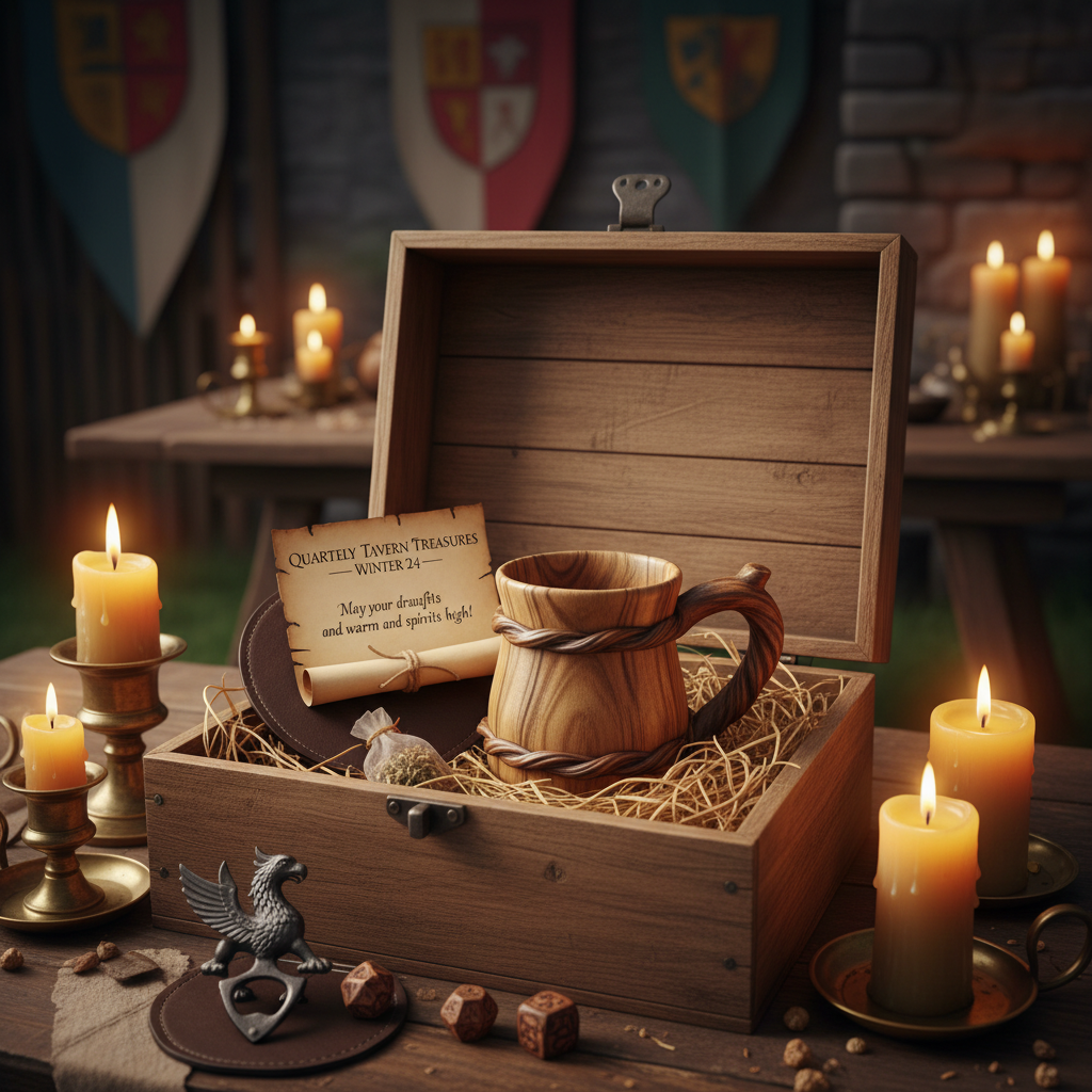 Quarterly subscription box with handcrafted wooden mug nestled in straw with handwritten note and trinkets