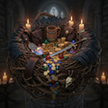 Ornate crow's nest overflowing with sparkling treasures, gems, coins, and medieval faire goods