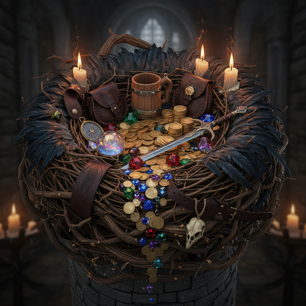 Ornate crow's nest overflowing with sparkling treasures, gems, coins, and medieval faire goods