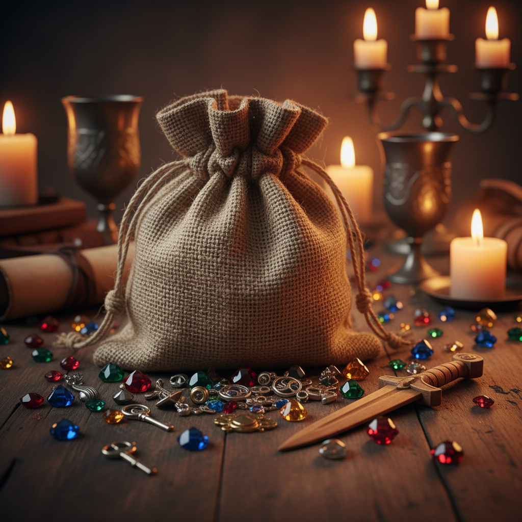 Mysterious burlap drawstring bag with Renaissance faire trinkets and sparkling gems spilling out