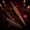 Mystery medieval weapons flat lay with wrapped wooden sword, dagger, and leather sword frog on dark velvet