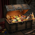 Weathered wooden treasure chest open with glittering gems and trinkets inside