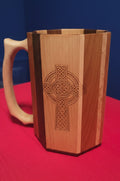 Wooden Jouster tankard with laser-engraved Celtic cross, two-tone maple and walnut construction, front view